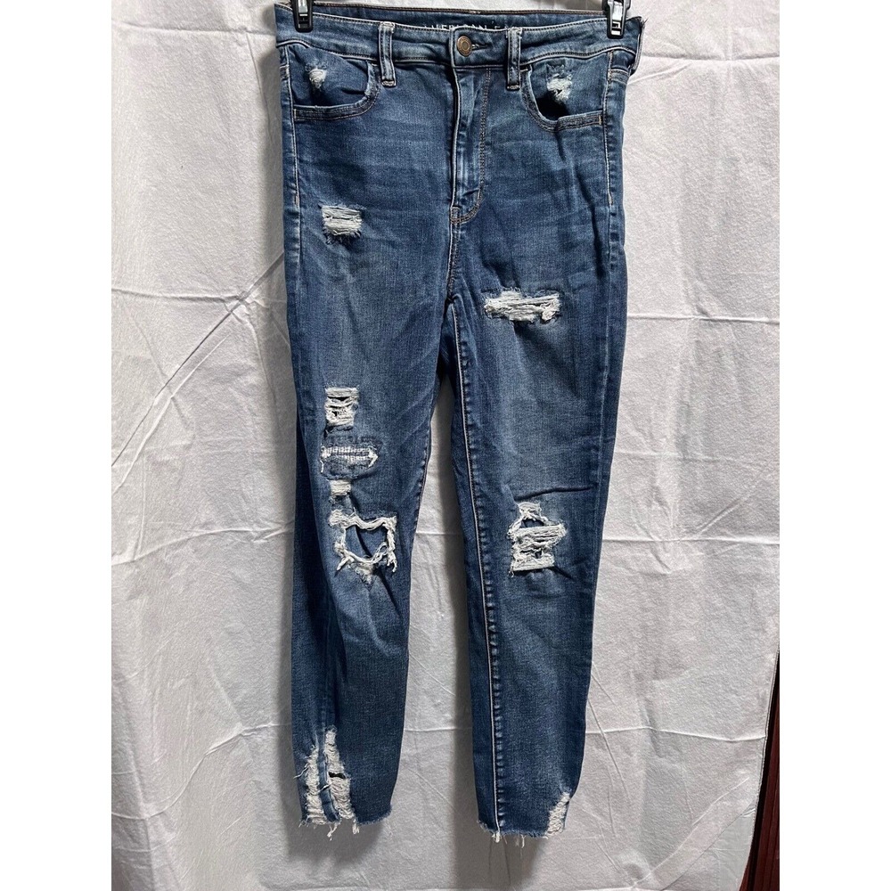 American Eagle Jeggings Ripped Distressed High Waisted‎ Blue Jeans Size 8